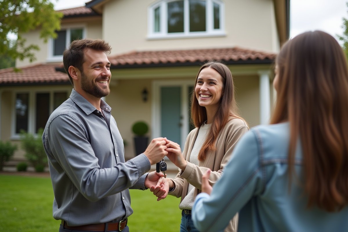 Agent immobilier remettant les clés a un couple heureux