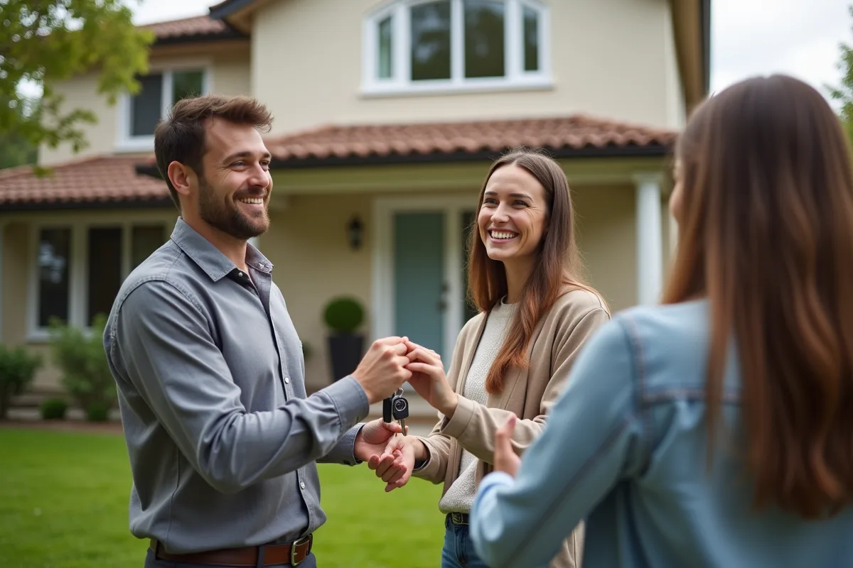 Agent immobilier remettant les clés a un couple heureux