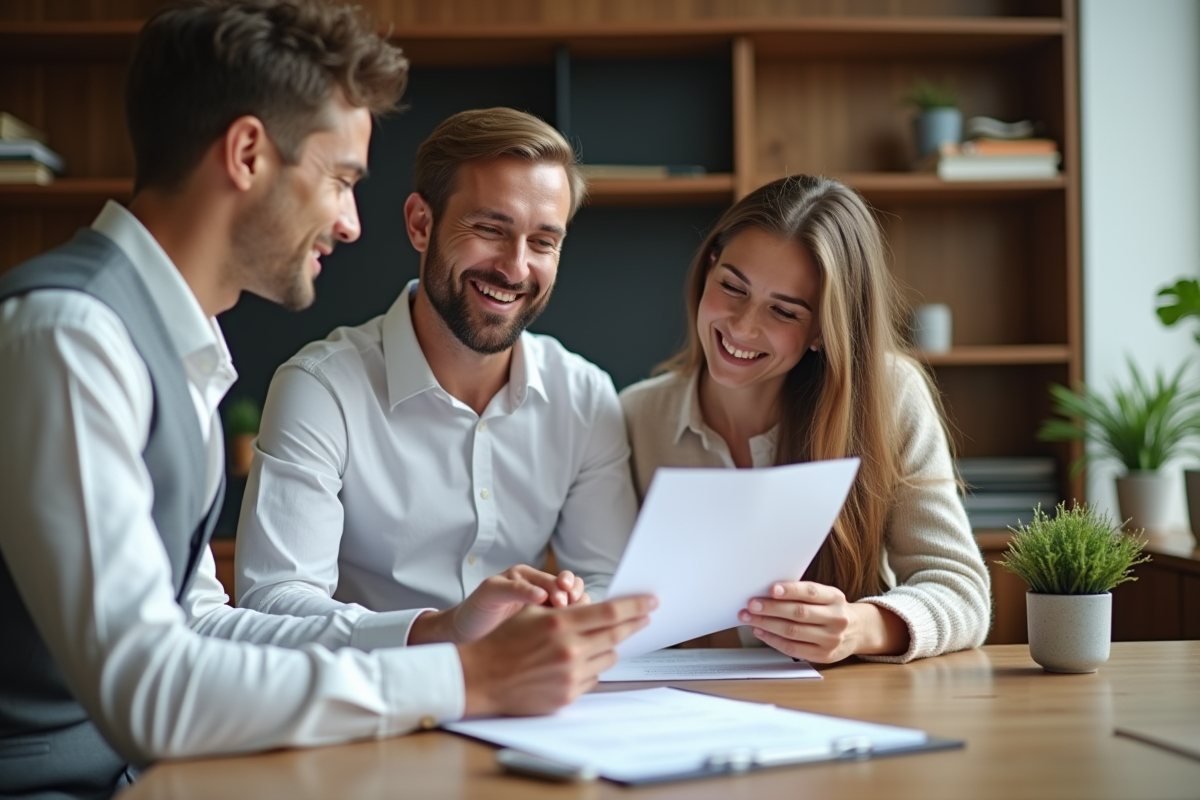 Agent immobilier examinant des documents avec un couple
