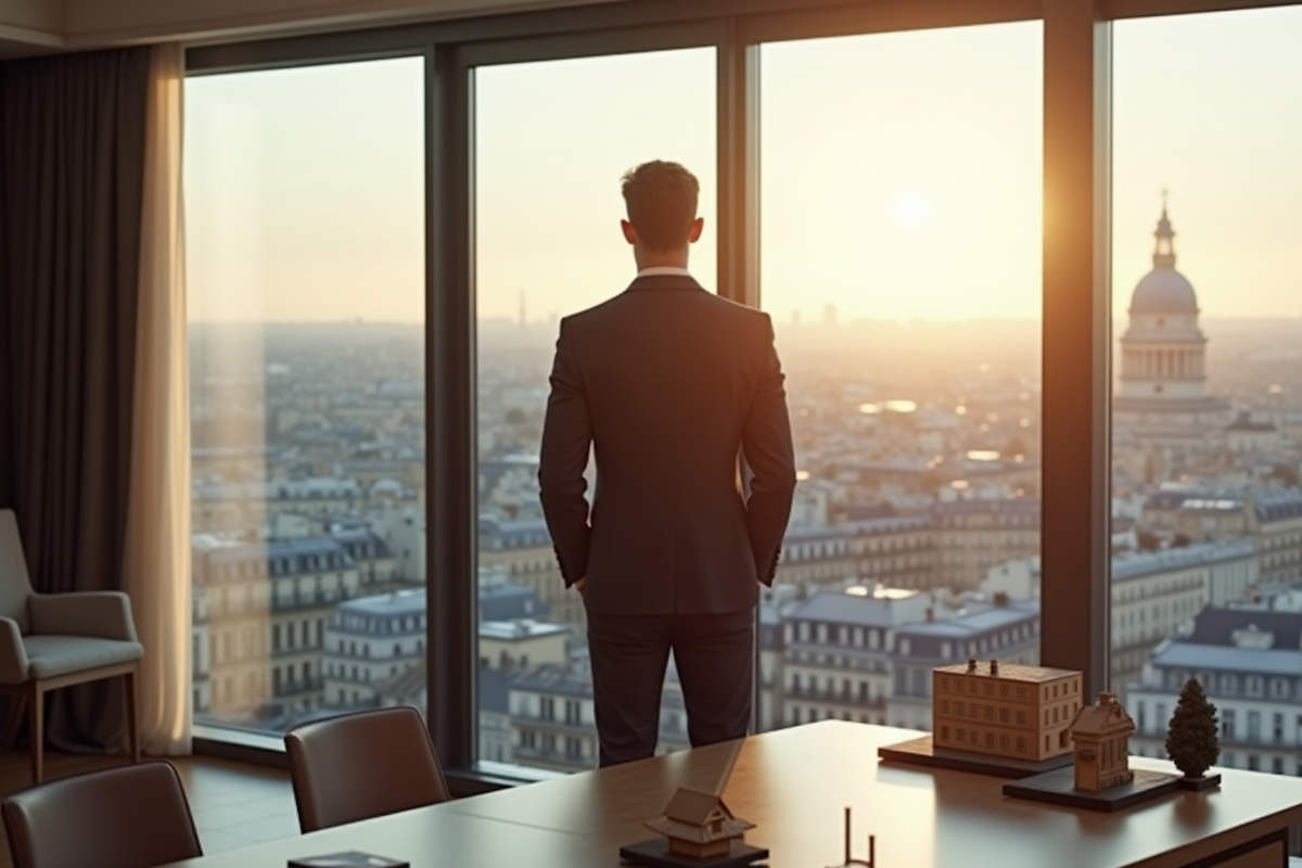Agent immobilier élégant dans un bureau luxe à Paris
