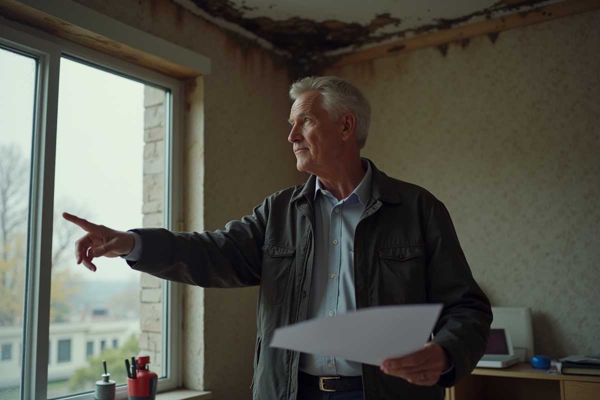 Agent immobilier montre des dégâts de moisissure dans un salon