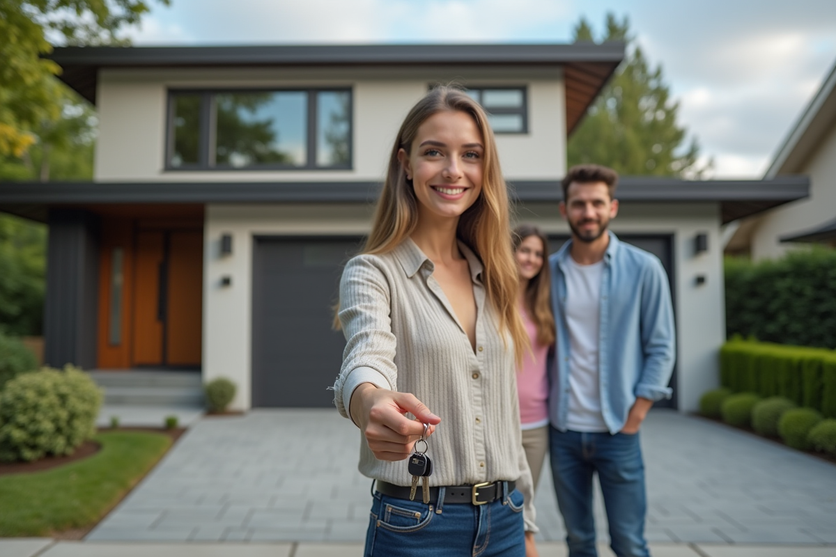 Jeune femme agent immobilier donnant les clés à une famille heureuse