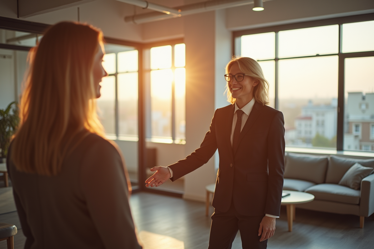 Agent immobilier souriant accueillant un collègue dans un bureau moderne