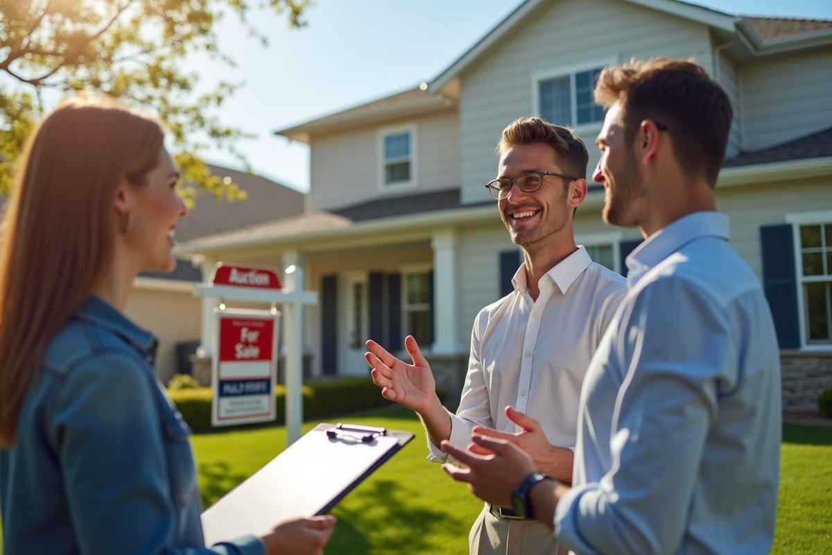 Agent immobilier discutant avec un couple devant une maison