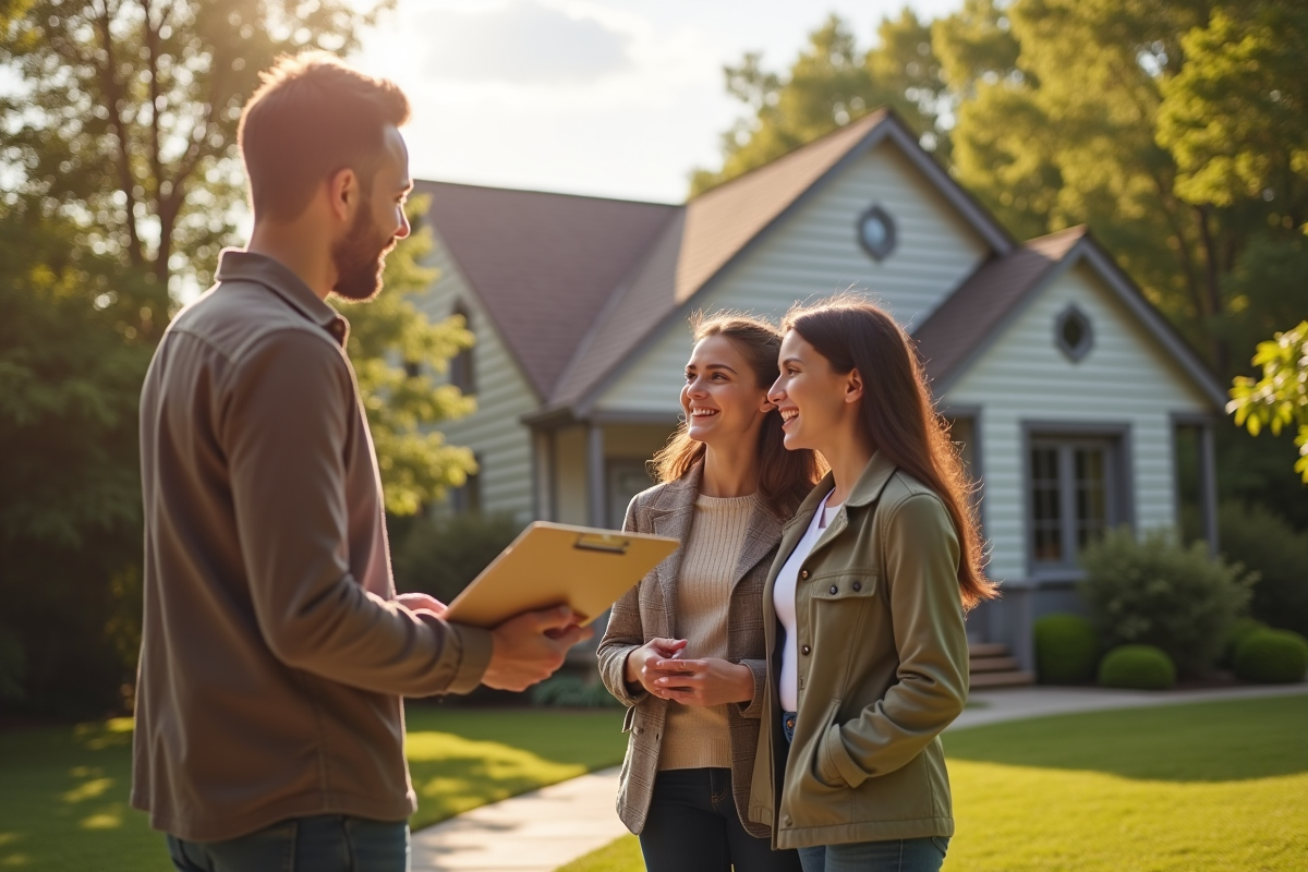 Agent immobilier avec un couple devant une maison chaleureuse