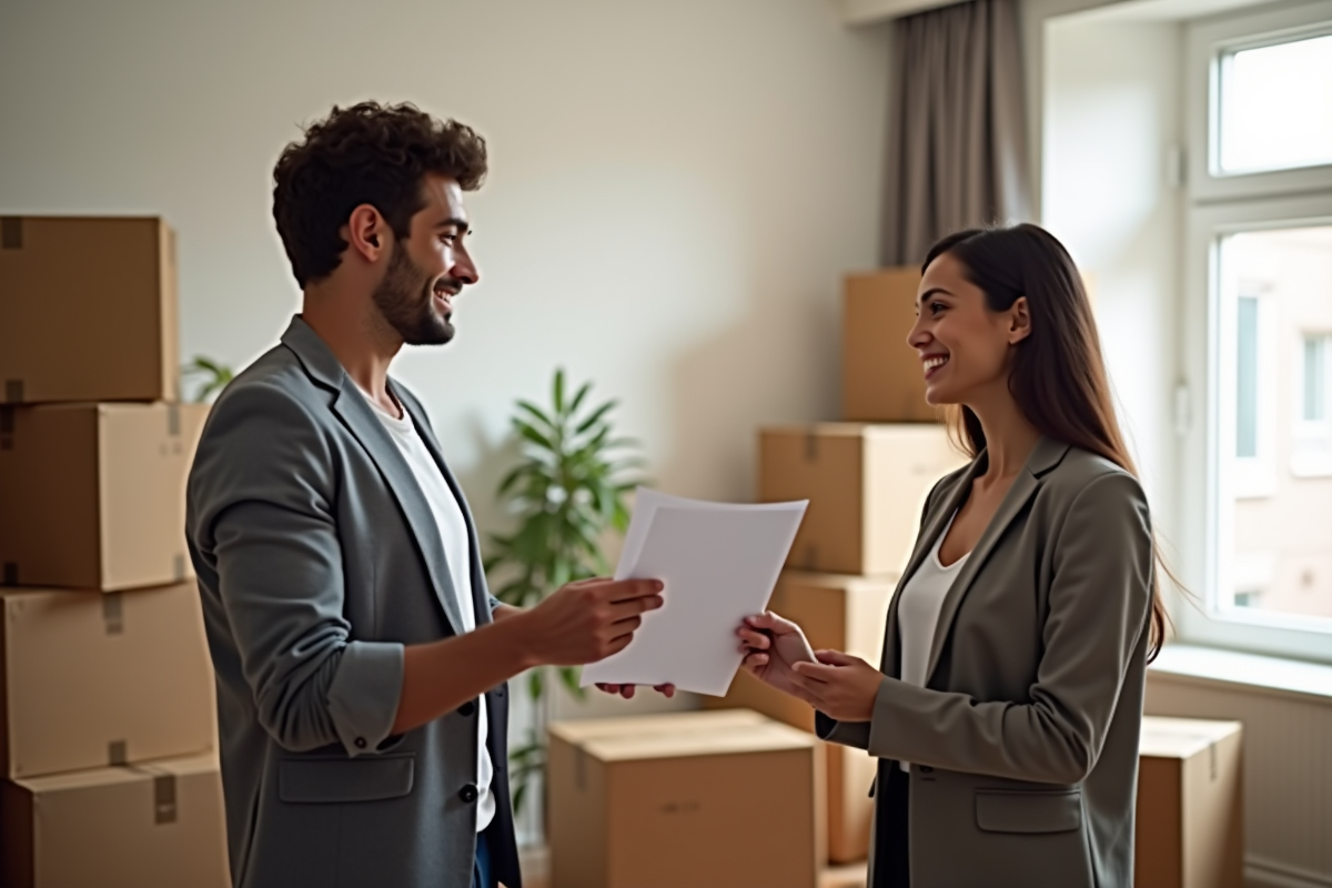 Travailleur social remettant des papiers à un couple souriant