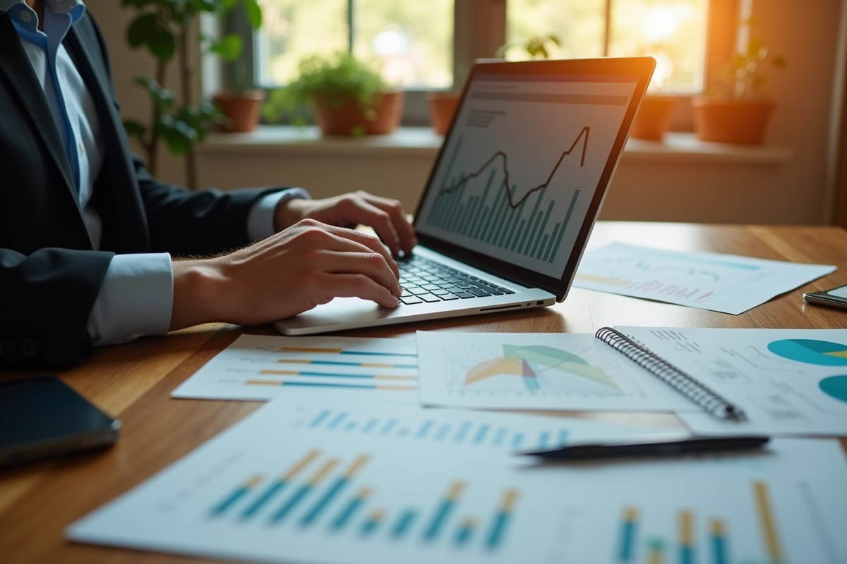 Professionnel analysant des données immobilières sur un ordinateur