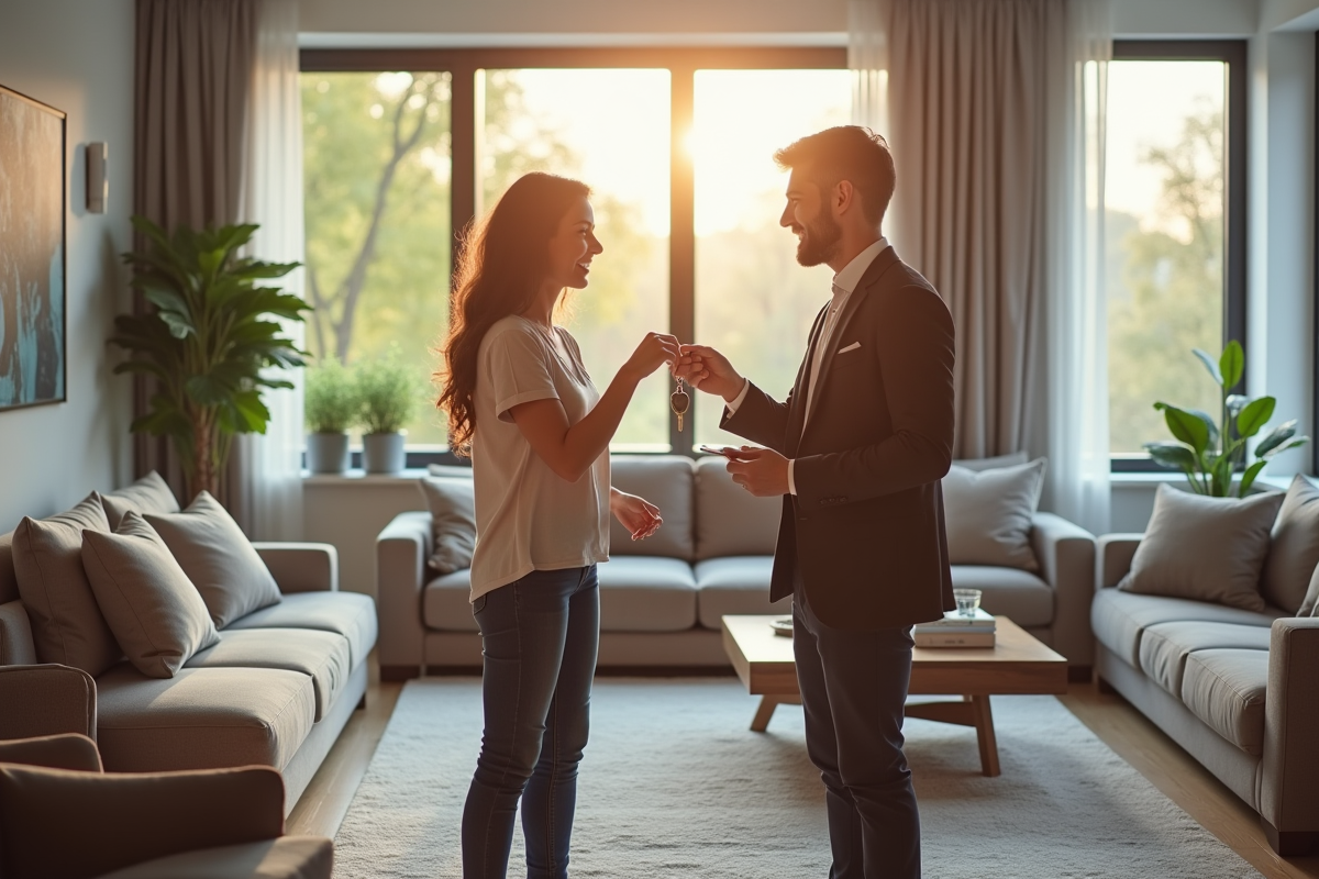 Salon moderne lumineux avec couple recevant les clés