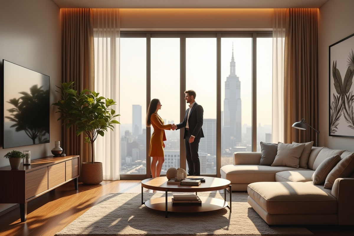 Salon moderne d appartement avec vue sur la ville et agents immobiliers