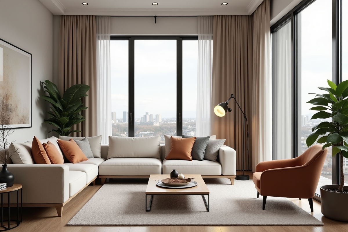 Salon moderne lumineux d un appartement T2 avec mobilier minimaliste