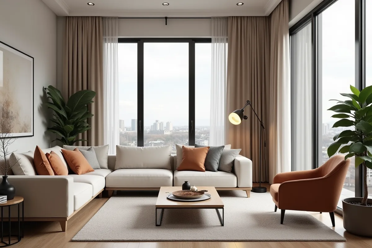 Salon moderne lumineux d un appartement T2 avec mobilier minimaliste