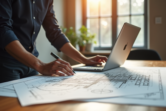 Architecte travaillant sur plans de renovation dans un bureau lumineux