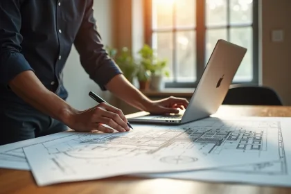 Architecte travaillant sur plans de renovation dans un bureau lumineux
