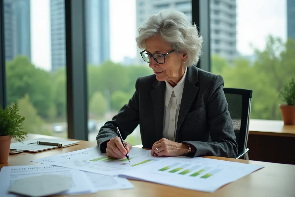Architecte femme étudie plans écologiques en intérieur