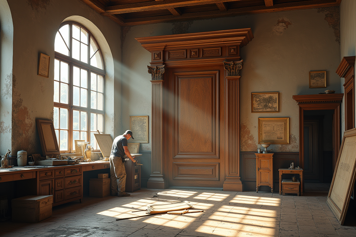 Artisans restaurent une porte en bois ornée dans un atelier ancien
