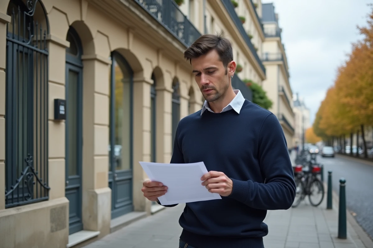 Homme tenant un courrier d'attribution de logement social devant un immeuble HLM parisien