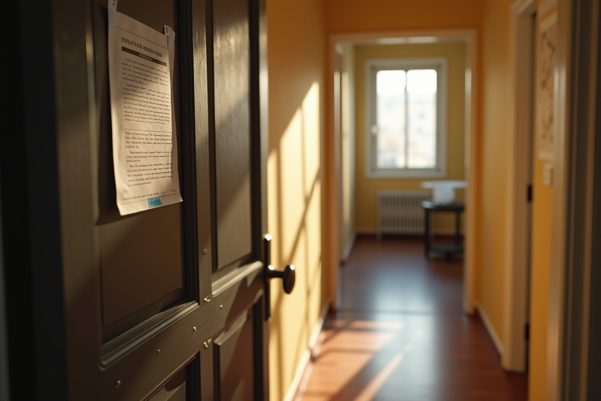 Avertissement d'expulsion collé à la porte d'un appartement