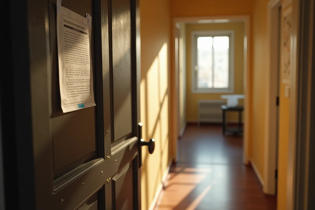 Avertissement d'expulsion collé à la porte d'un appartement