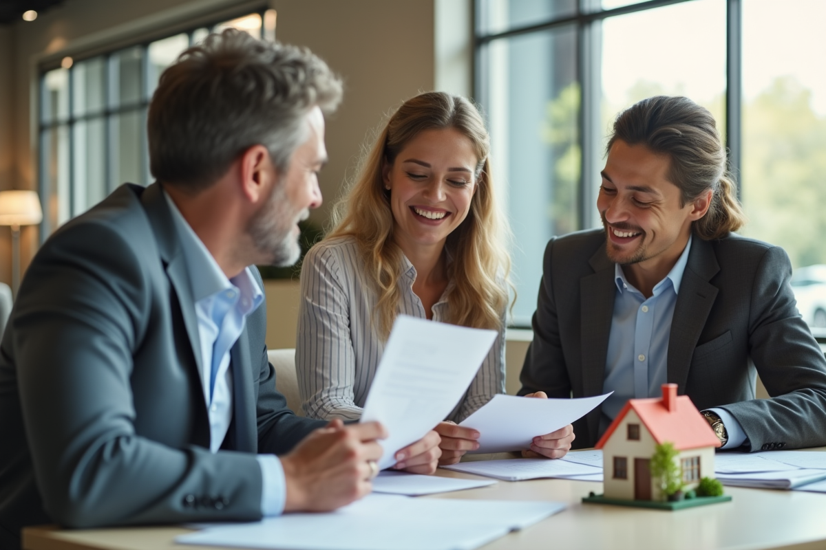 Banquier souriant avec un couple discutant de prêt immobilier