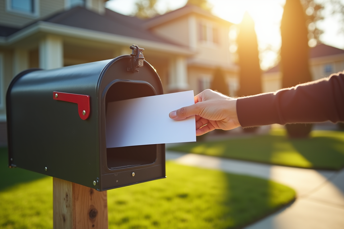Main déposant une lettre officielle dans une boîte aux lettres devant une maison