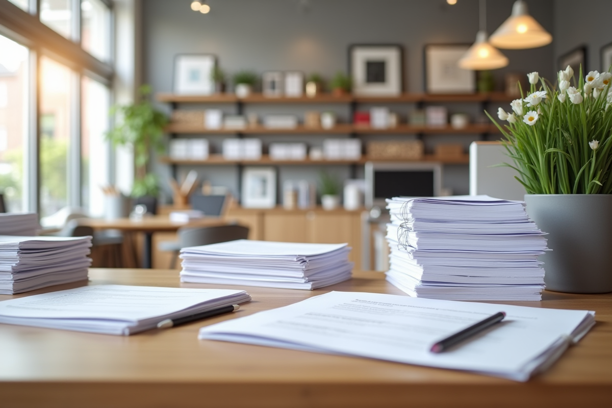 Espace de bureau avec formulaires de location et brochures