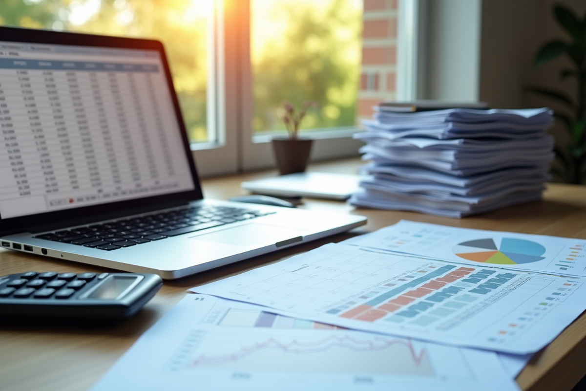 Bureau moderne avec ordinateur et calculatrice pour la gestion financière
