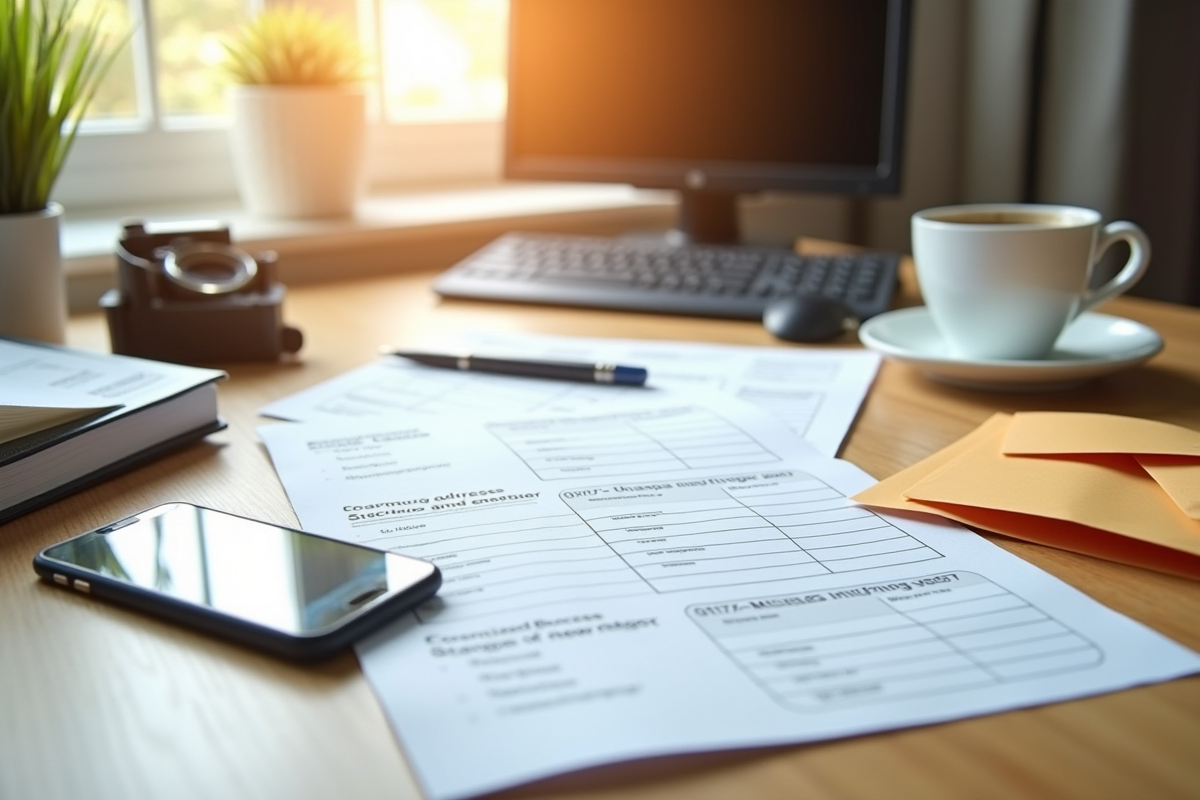 Bureau organisé avec documents de déménagement et smartphone