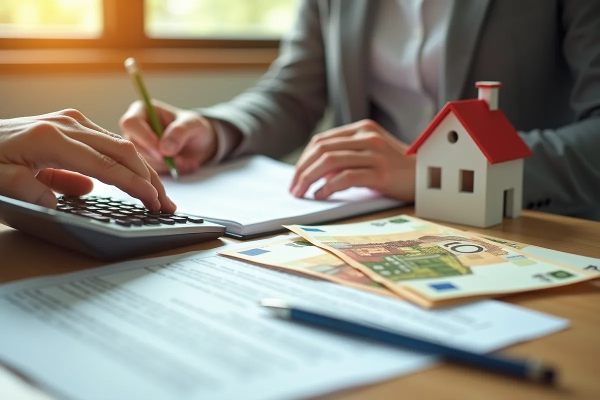 Main utilisant une calculatrice avec billets et contrat immobilier