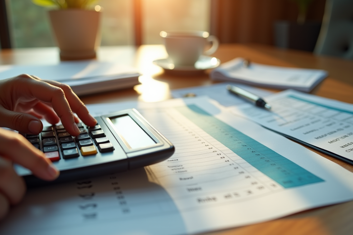 Mains utilisant une calculatrice sur un registre comptable