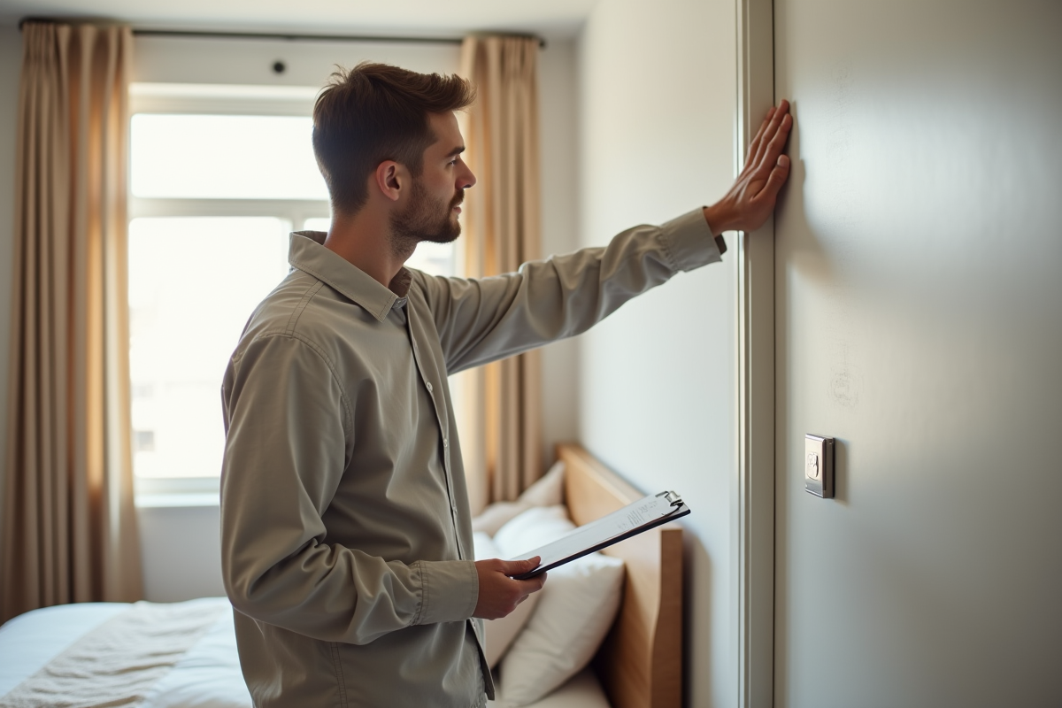 Chambre Airbnb propre avec inspecteur vérifiant les murs