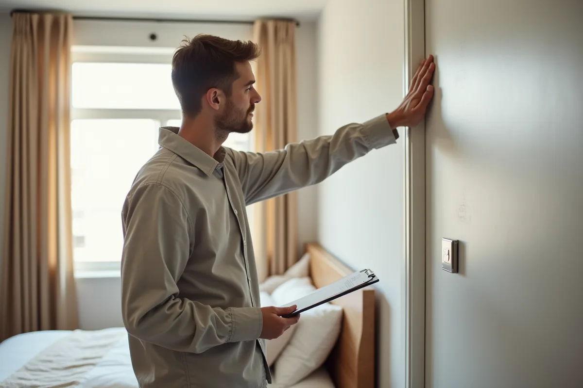 Chambre Airbnb propre avec inspecteur vérifiant les murs