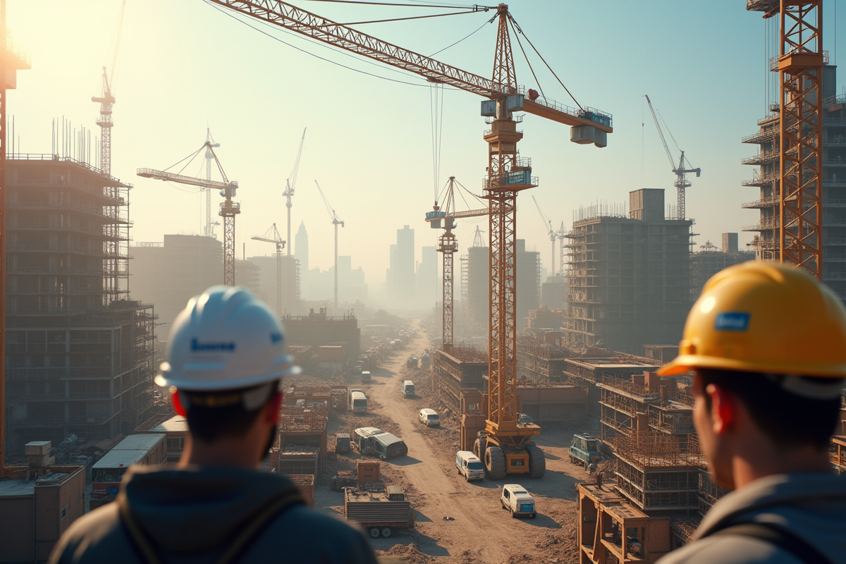 Chantier de construction avec grues et ouvriers en sécurité