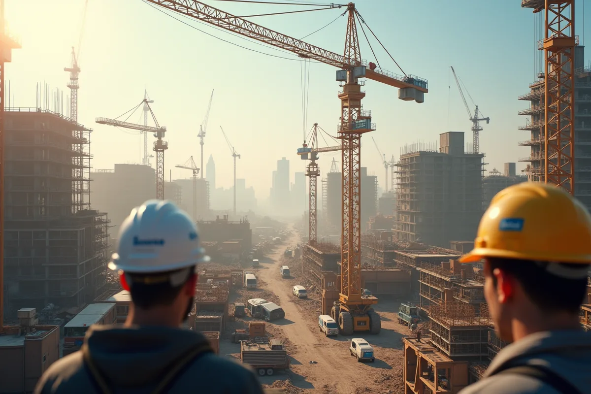Chantier de construction avec grues et ouvriers en sécurité