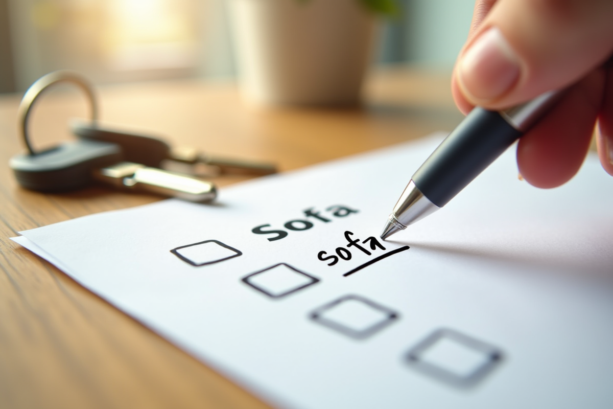 Checklist avec clés de location et canapé à cocher