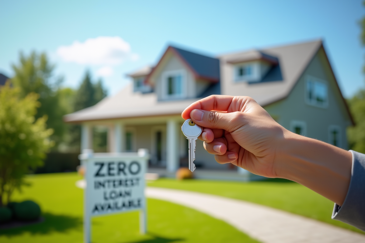 Main tenant une clé devant une maison avec panneau de pret zero pour achat