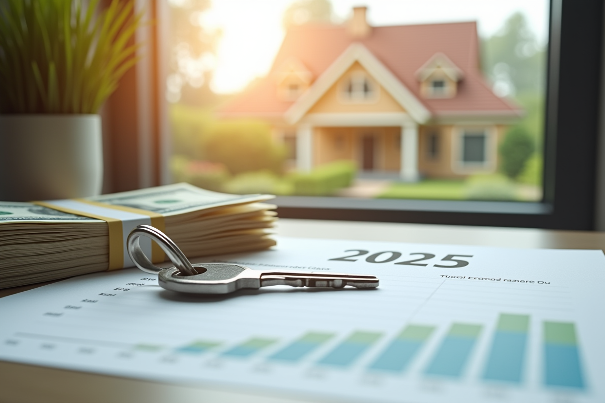 Clé de maison sur document financier avec argent en arrière-plan