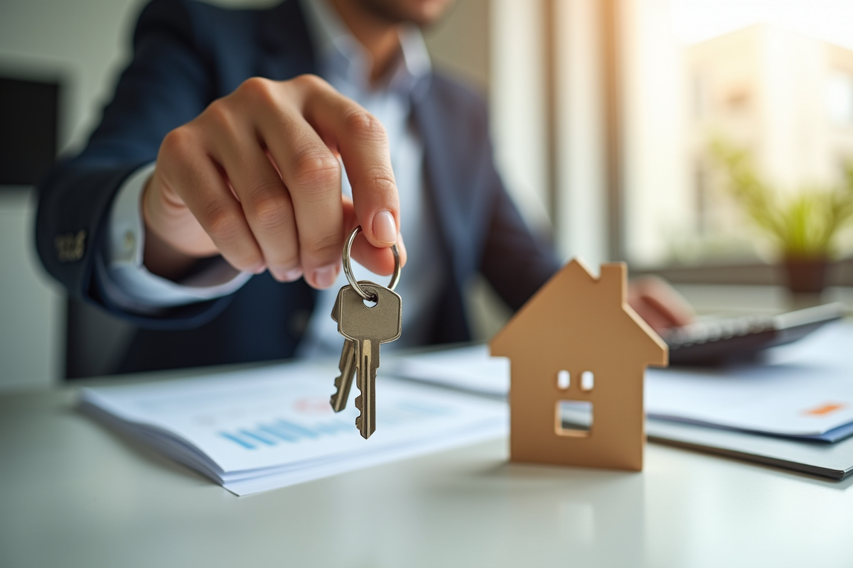 Main tenant des clés de maison avec documents et calculatrice