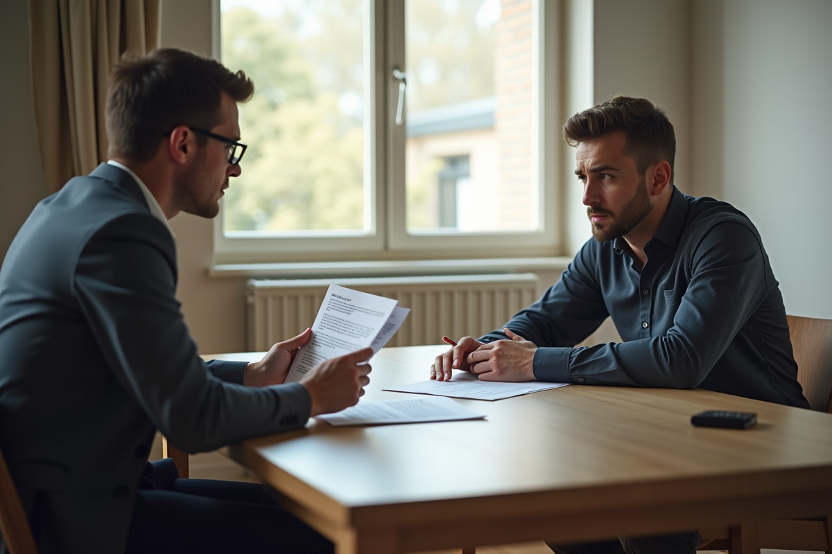 Locataire inquiet et propriétaire en discussion dans un appartement