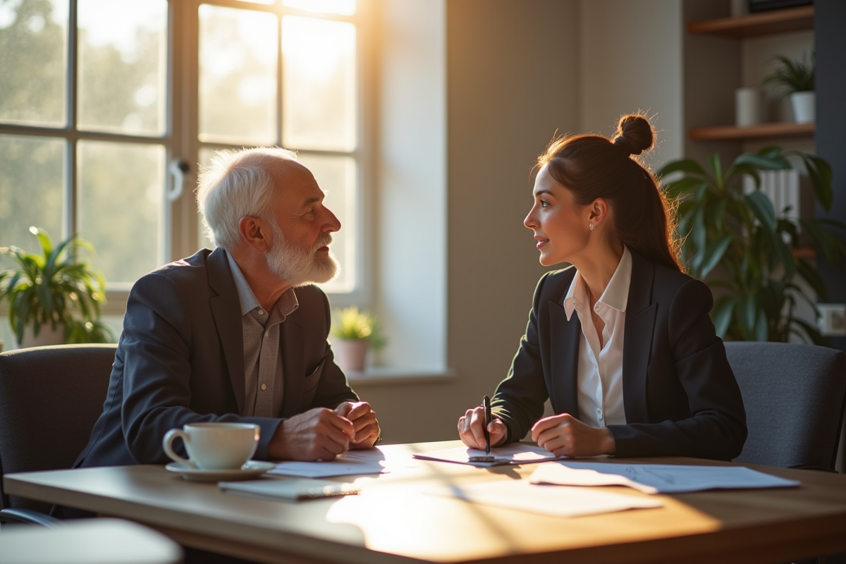 Homme âgé consultant une professionnelle dans un bureau lumineux