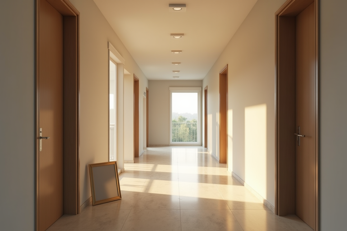 Couloir d appartement neuf avec portes fermées et panneau a vendre