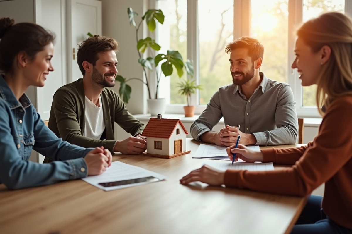 Jeune couple avec conseiller financier pour achat immobilier