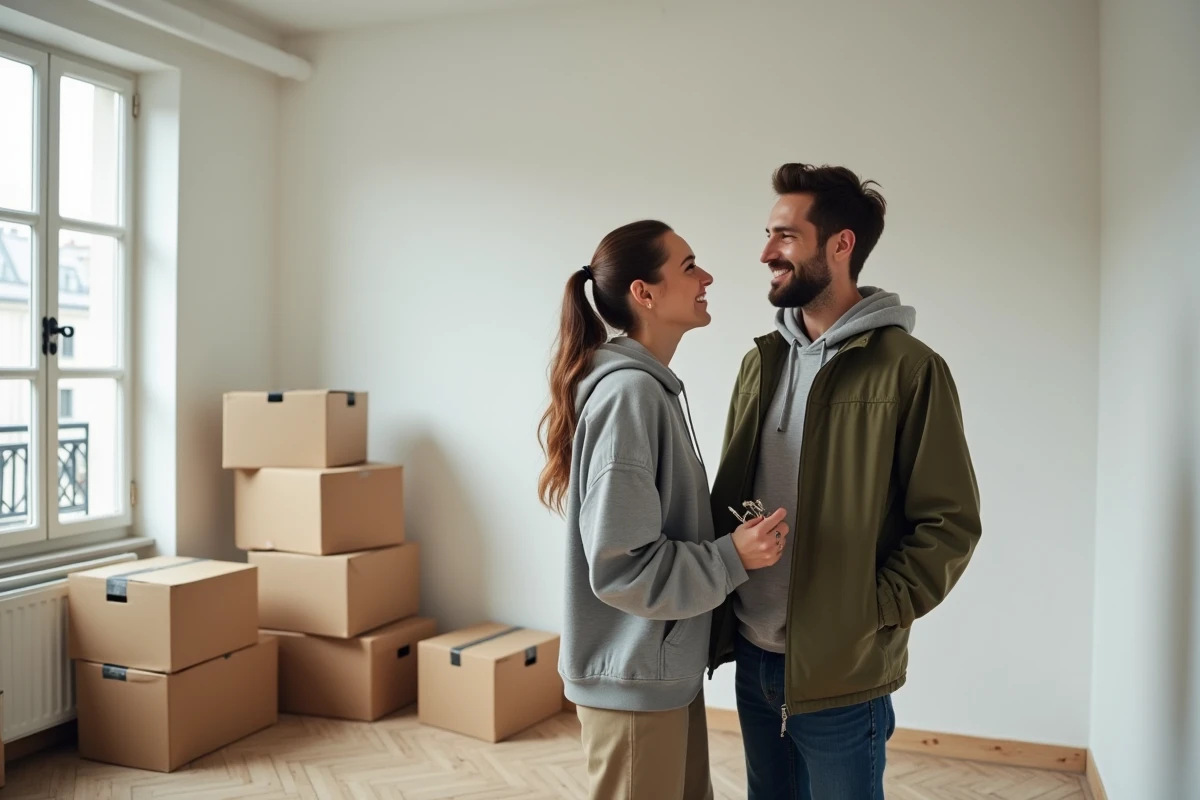 Couple emménageant dans leur premier logement social à Paris, tenant les clés de leur appartement