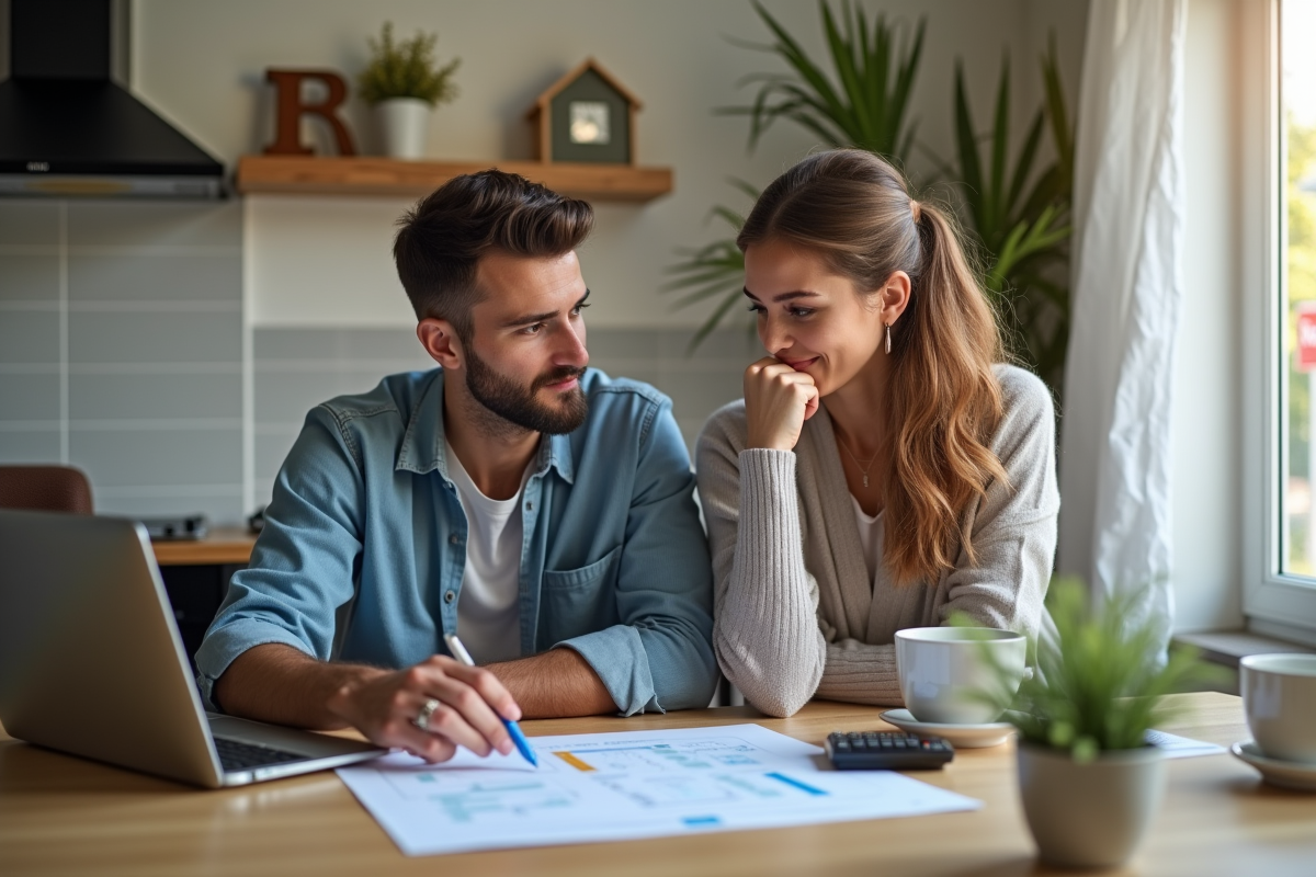 Jeune couple analysant un rapport immobilier à la cuisine