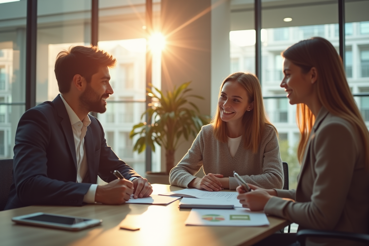 Jeune couple avec agent immobilier dans un bureau moderne