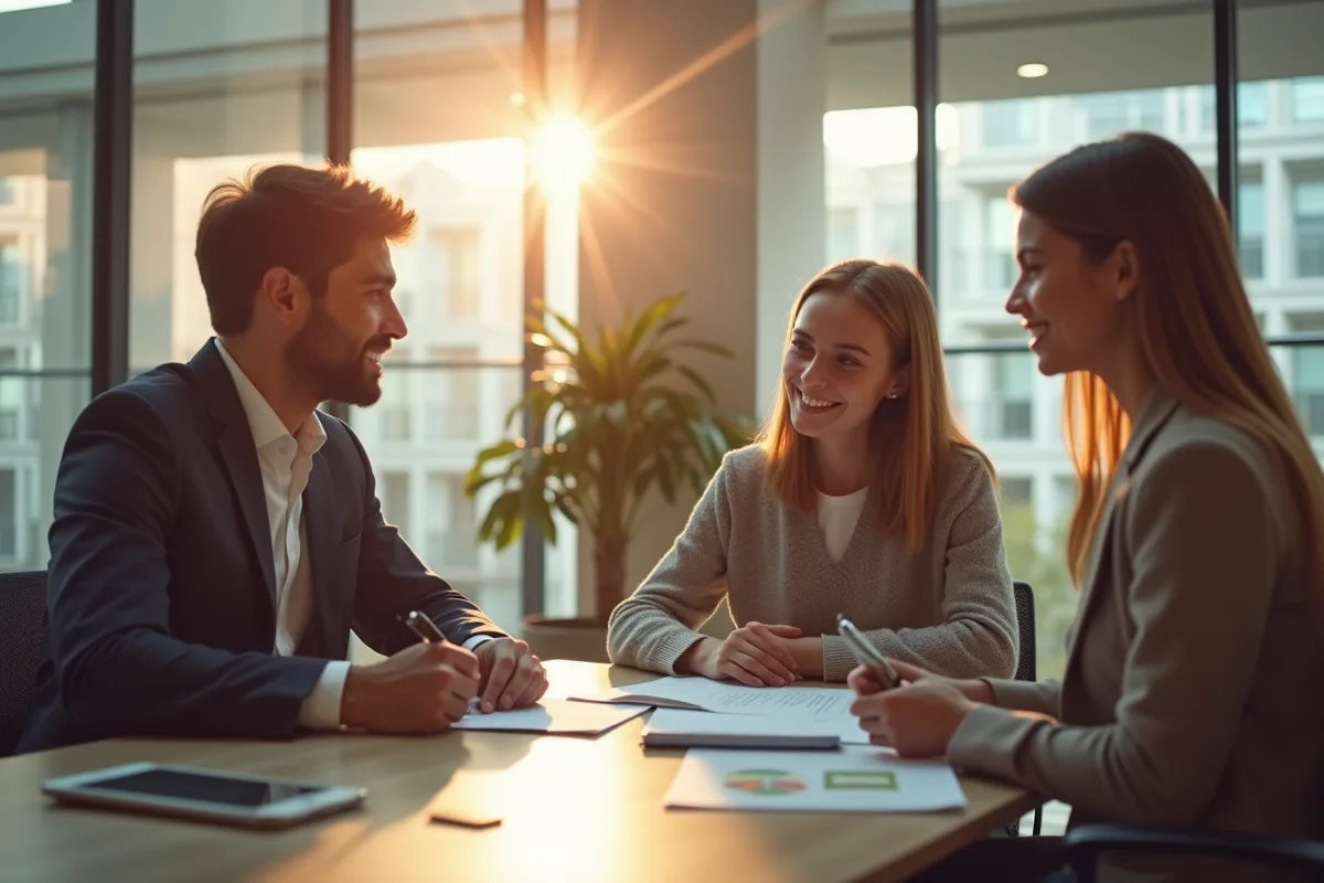 Jeune couple avec agent immobilier dans un bureau moderne