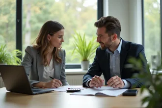 Couple discutant finances dans un appartement lumineux