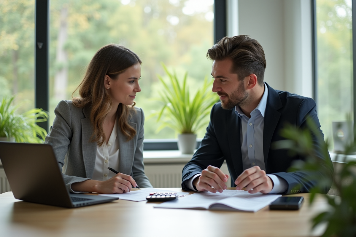 Couple discutant finances dans un appartement lumineux