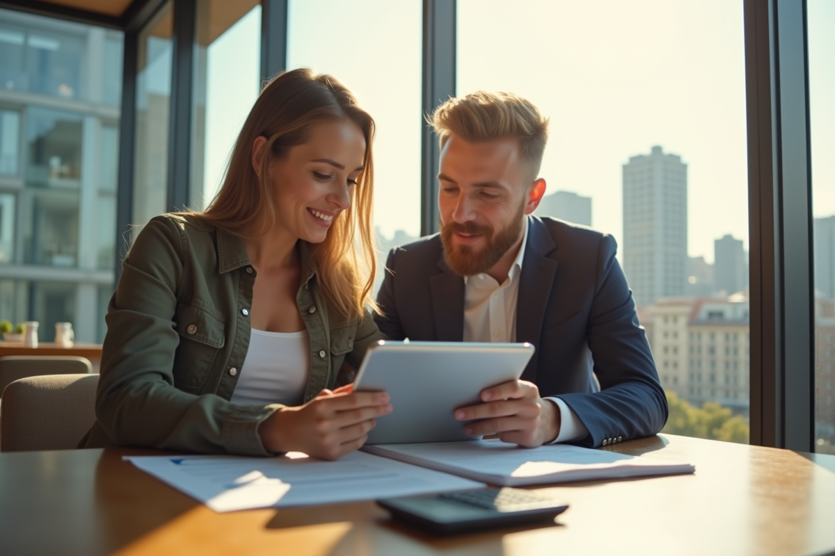 Jeune couple consultent des annonces immobilières sur une tablette lumineuse