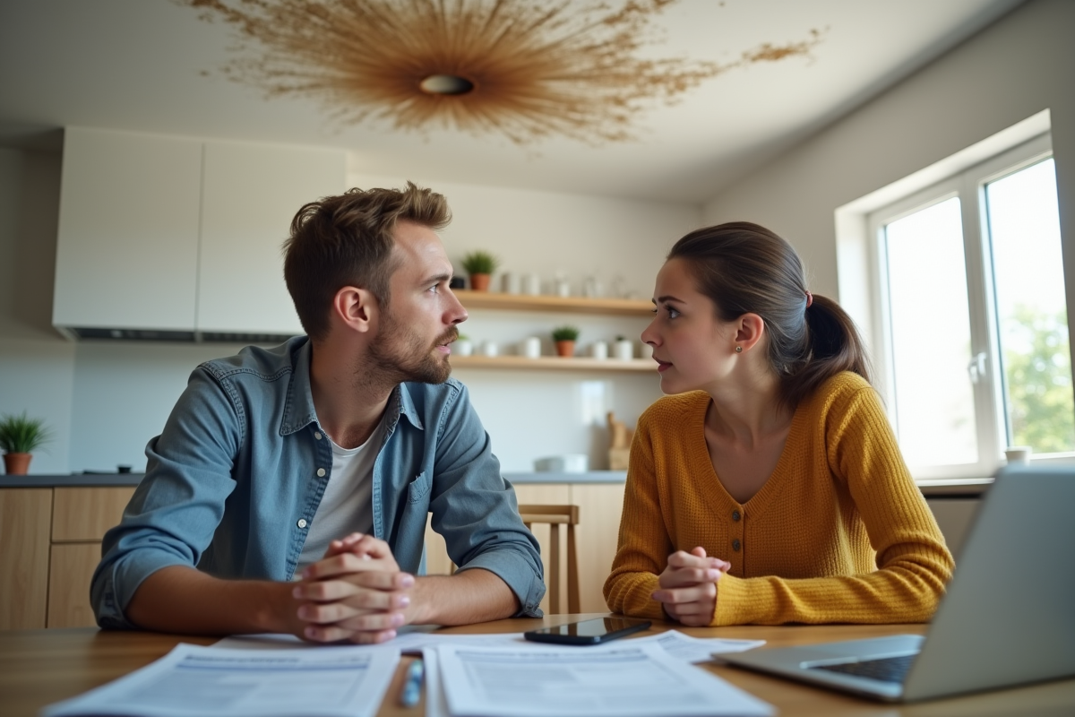 Jeune couple inquiet examinant une tache d'eau au plafond