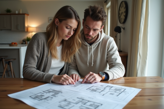 Jeune couple discutant de plans dans une maison rénovée